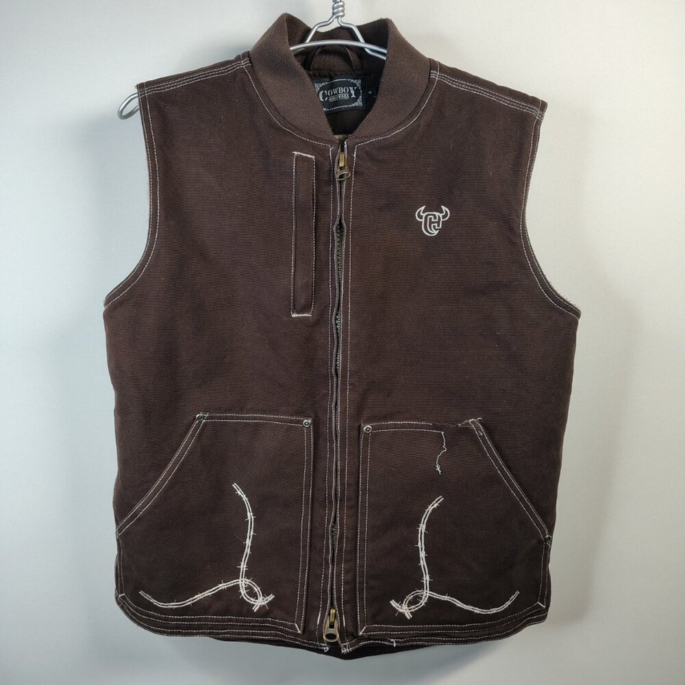 Cowboy Hardware Vest Mens Brown Canvas Sherpa Embroidered Bull Western Ranchwear